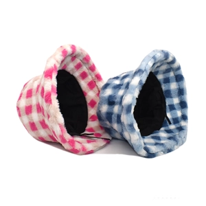 Colorful checkered plush bucket hat in pink and blue plaid for winter warmth