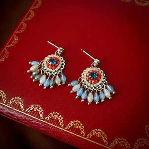 Bohemian floral tassel earrings with blue rhinestone and colorful beads in retro style