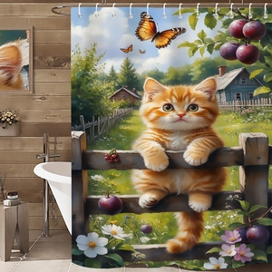 Detailed view of countryside shower curtain featuring a cute ginger cat and butterflies