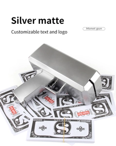 Detail of silver matte money gun with custom logo support and play currency props