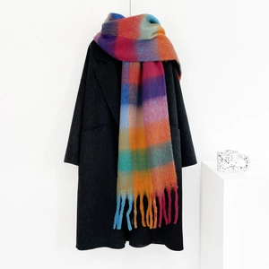 Colorful plaid mohair scarf with thick fringe on a black coat for winter warmth