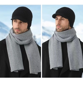 Detail of men's black knit peak beanie and grey ribbed scarf set for winter outdoor warmth