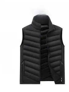 Detail of padded standing collar and windproof zipper pocket on black quilted vest