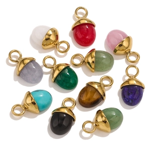 Detailed view of acorn pendants in various natural stone colors and golden steel finish