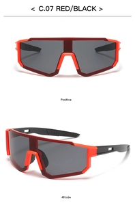 Front and 45-degree angle view of red and black sport sunglasses with wrap lenses