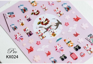 Macro detail of 5D Japanese style nail art stickers featuring Lucky Cat and cherry blossoms