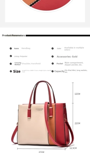 Size chart showing handbag dimensions 27x11.5x22cm with detailed material specifications