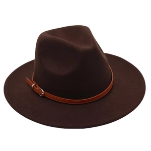 Detail of dark brown wool felt fedora featuring a tan leather band and gold buckle