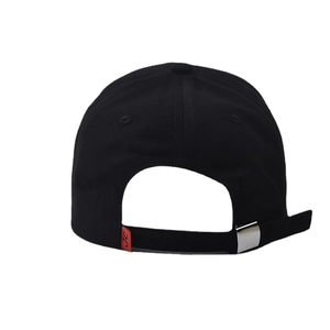 Detail view of cotton baseball cap back with adjustable strap and red JC logo tag