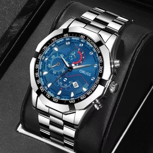 Reloj de cuarzo con esfera azul, correa de metal plateado y función de doble fecha