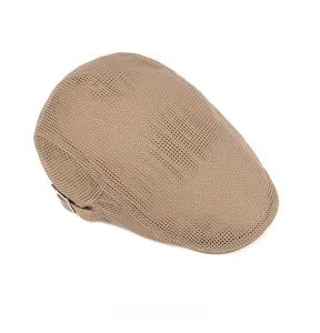 Top view of beige mesh newsboy cap showing breathable polyester texture and structure