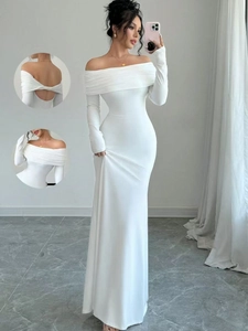 Abito Maxi Aderente Spalle Scoperte E Maniche Lunghe Per Donna Poliestere Spandex Schiena Scoperta Nodo Intrecciato Abito Da Sera