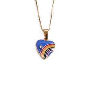 Golden necklace with blue enamel heart pendant featuring a rainbow and small crystal accent