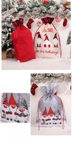 Detailed view of Christmas drawstring gift bags with gnome prints and linen texture