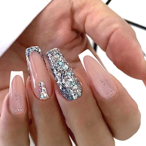 Long Coffin Press On Nails White French Tip Silver Glitter Rhinestone Artificial Pearl Artificial False Nail Tips For Women Elegant Luxury
