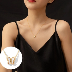 Elegant gold titanium steel necklace with mother-of-pearl butterfly pendant on model