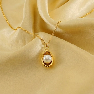Ingot Pendant Necklace Stainless Steel 18K Gold Plated With White Artificial Pearl Inlay Simple Elegant Jewelry For Women