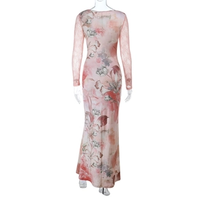 Detailed back view of lace sleeves and floral pattern on a slim-fit maxi dress