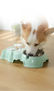 Détail du distributeur d'eau et du bol en inox sur un socle vert menthe pour animaux