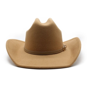 Classic camel wool felt cowboy hat with slim dark leather band and gold buckle detail