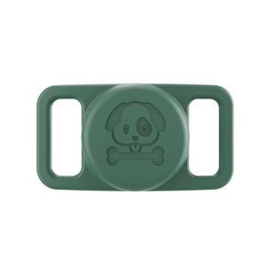 Detail of dark green silicone AirTag pet collar case with cute dog and bone patterns