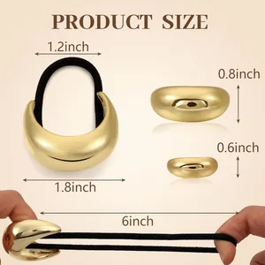 Detailed product size chart showing dimensions of metal ponytail cuff and hair tie stretch
