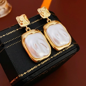 Artificial Baroque Pearl Dangle Earrings French Vintage Textured Copper Geometric Style With Silver Earring Post For Women