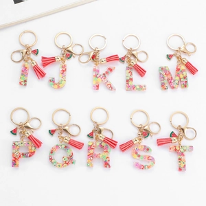 Resin 26 letters fruit keychain with gold ring, watermelon charm and pink tassel