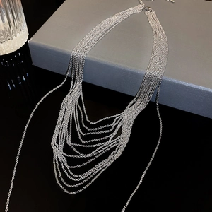 Close-up of a silver multi-layer tassel chain necklace draped over a premium gift box