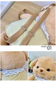 Detail of plush poodle backpack showing lace collar, soft texture and adjustable straps