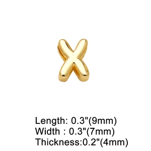 Detailed size view of gold letter X pendant showing 9mm length and 7mm width dimensions