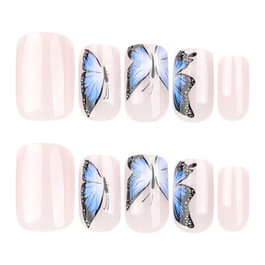 Pink butterfly press on nails with glitter base and blue butterfly art in 10-piece set