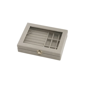 Large gray velvet jewelry box with glass window lid and metal clasp for storage