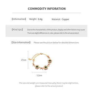 Macro shot of gold-plated flower bracelet detailing the 21cm length and 1.2cm charm size
