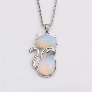 Stainless steel twist chain necklace featuring a cat pendant with milky white opal stones