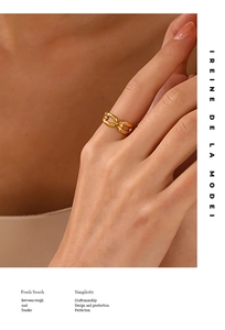 Detail of a 18K gold-plated stainless steel chain-style ring on a model's finger