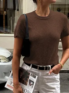 T-shirt en Tricot Minimaliste Européen et Américain pour Femmes Coupe Ajustée Col Rond Manches Courtes Couleur Unie Haut