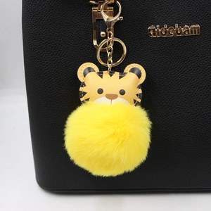 Cartoon Tiger Faux Rabbit Fur Ball Keychain Cute Plush Animal Bag Pendant Gold Metal Key Ring For Women Car Decoration
