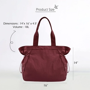 Detailed size chart for 18L waterproof nylon tote bag showing 14x16x4.5 inch dimensions