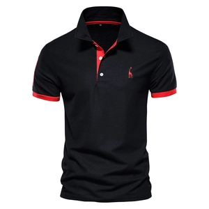 Men's black and red polo shirt with deer embroidery and contrasting trim detail