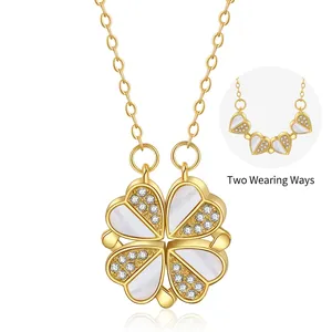 Versatile 2-in-1 clover and heart pendant necklace in gold with mother of pearl inlay