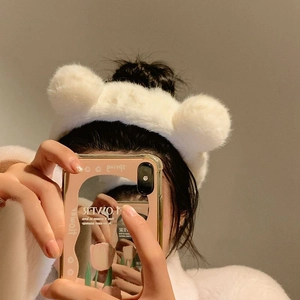Cute beige plush bear ear headband for women, soft hairband for washing face and skincare