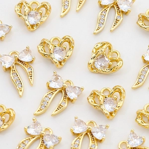 14K gold plated bow and heart pendants with cubic zirconia for DIY jewelry making