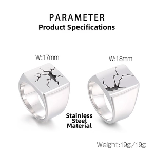Detail showing two wide stainless steel rings with black crack patterns and dimensions