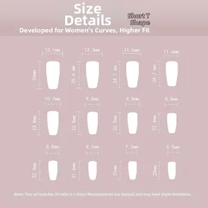 Size chart for short T-shape press-on nails showing dimensions for 24 pieces in 12 sizes