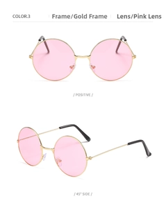 Detailed views of vintage round gold metal sunglasses with translucent pink lenses