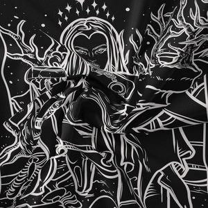 Detailed texture of black and white bohemian tapestry with mystical goddess illustration