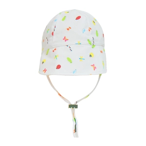 Detail of baby sun hat featuring colorful insect prints and adjustable chin strap