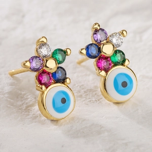 Evil Eye Stud Earrings Flower Design Copper Colorful Zirconia Enamel Mini Trendy Jewelry For Women