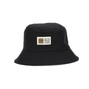 Women's black cotton bucket hat with UV protection and minimalist brand patch